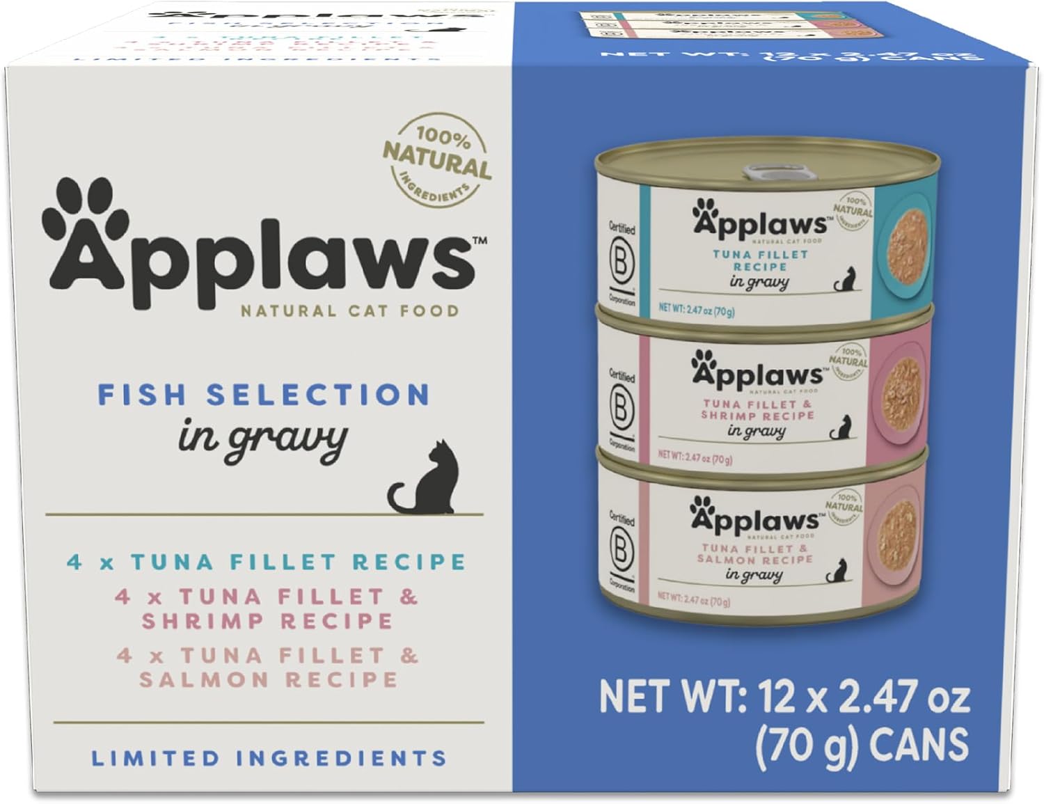 Applaws Natural Wet Cat Food In Gravy, Limited Ingredient Canned Wet Cat Food, No Additives, Made With Natural Ingredients, Fish Selection In Gravy Cans (24 X 2.47Oz Cans)