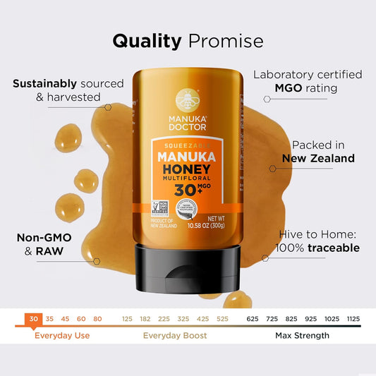 Manuka Doctor - Raw Manuka Honey Mgo 30+ Squeezy, 100% Pure New Zealand Honey. Certified. Guaranteed. Raw. Non-Gmo (10.58 Oz)