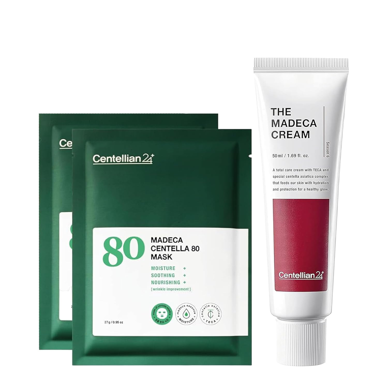 Centellian 24 Madeca Set - Extra Moisturizing Face Sheet Mask (4Pc) + Centella Cream (Season 6, 1.69Fl Oz) For Dry, Sensitive Skin. Korean Skincare With Centella Asiatica, Teca, Egf, Madecassoside