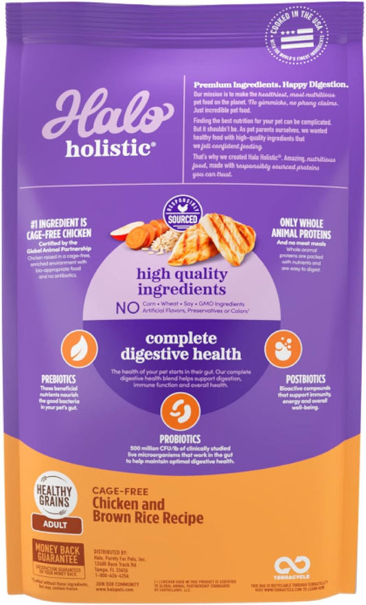 Halo Holistic Dog Food, Complete Digestive Health Cage-Free Chicken And Brown Rice Recipe, Dry Dog Food Bag, Adult Formula, 21-Lb Bag