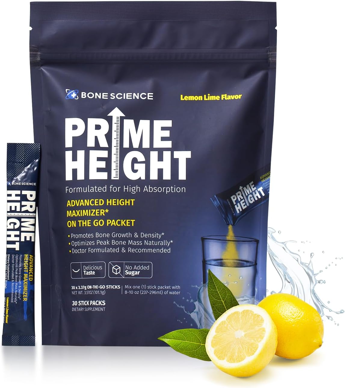 Prime Height Powder – Kids Daily Multivitamin With Calcium, Magnesium, Zinc, And Vitamins B6, B12, C, D3, E, K – 30 Sticks, Lemon Lime Flavor