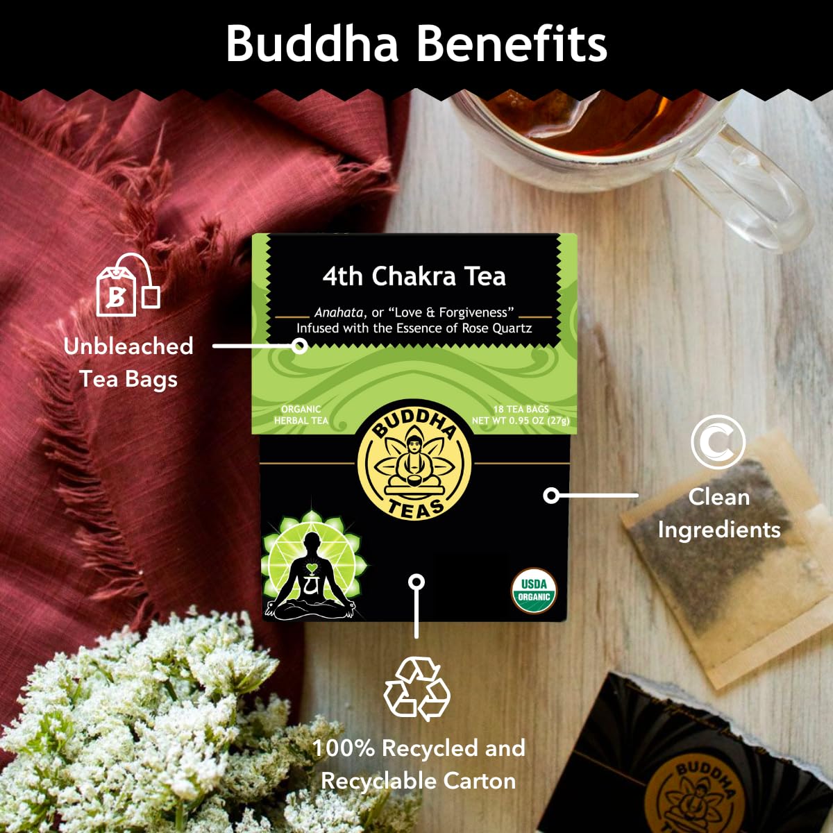 Buddha Teas - 4th Chakra Tea - Organic Herbal Tea - For Balance, Love & Forgiveness - With Hawthorn Berry, Lavender, Hyssop & Rose Quartz Essence - OU Kosher - 18 Tea Bags (Pack of 1) : Grocery & Gourmet Food