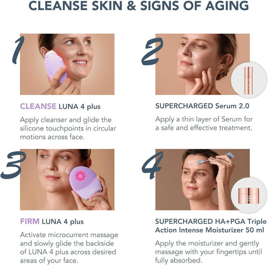 Foreo Firm & Clean Bundle - Luna 4 Plus Sensitive Facial Cleansing Brush + Supercharged Serum 2.0, 30Ml + Hydrating Night Mask, 75 Ml - Near Infrared Light Therapy - Microcurrent Facial Device