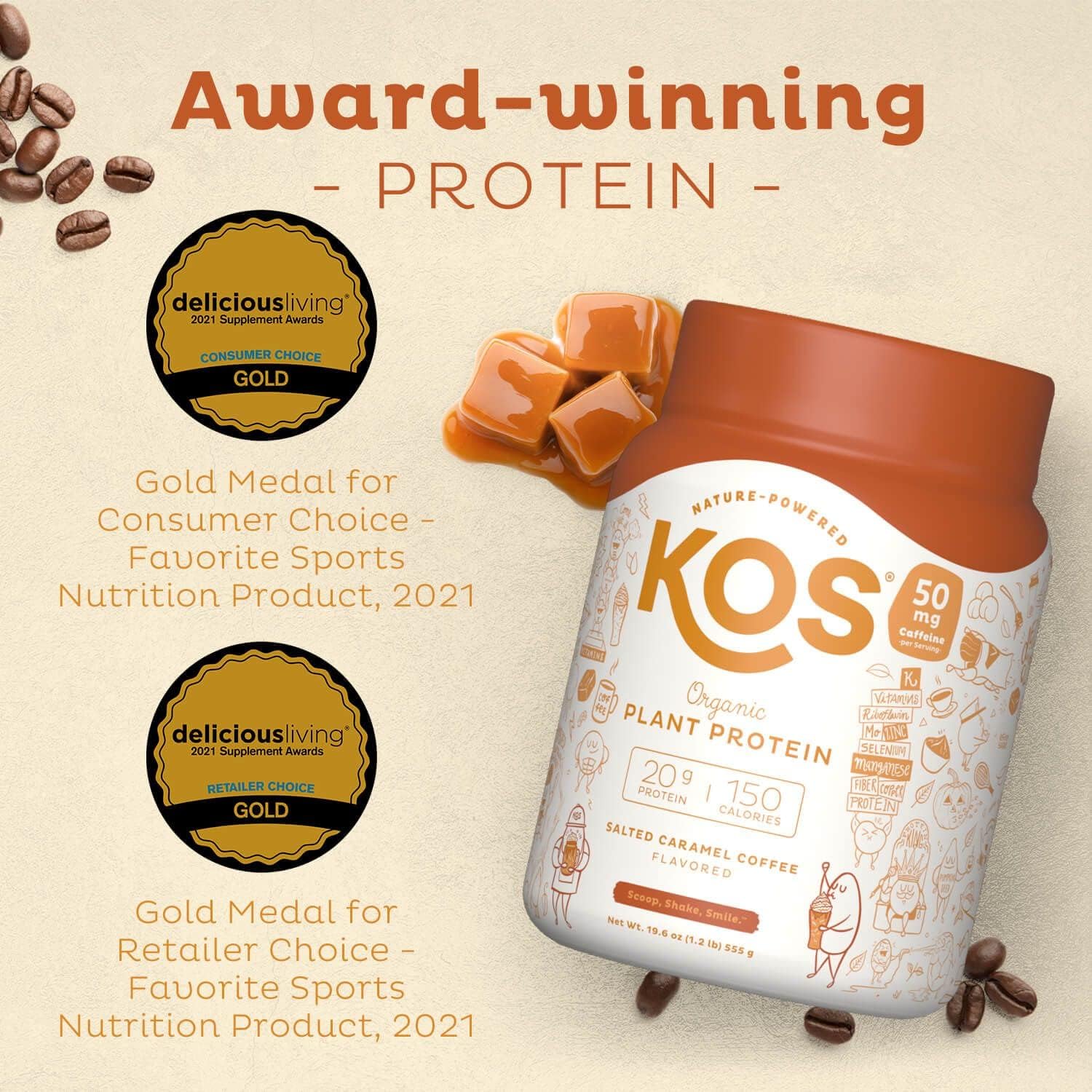 KOS Vegan Protein Powder, Salted Caramel Coffee - Low Carb Pea Protein Blend, Organic Plant Superfood Rich in Vitamins & Minerals - Keto, Dairy Free - Meal Replacement for Women & Men - 15 Servings : Grocery & Gourmet Food