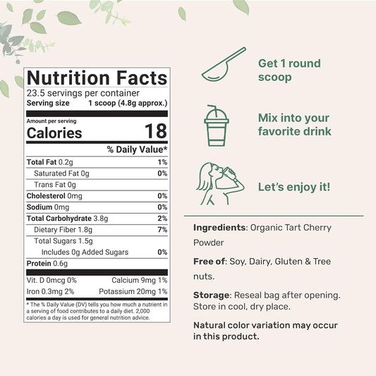 Organic Tart Cherry Powder, 4oz | 100% Natural Fruit Powder | US Grown Tart Cherries Source | No Sugar & Additives | Great Flavor for Drinks, Smoothie, & Beverages | Non-GMO & Vegan Friendly