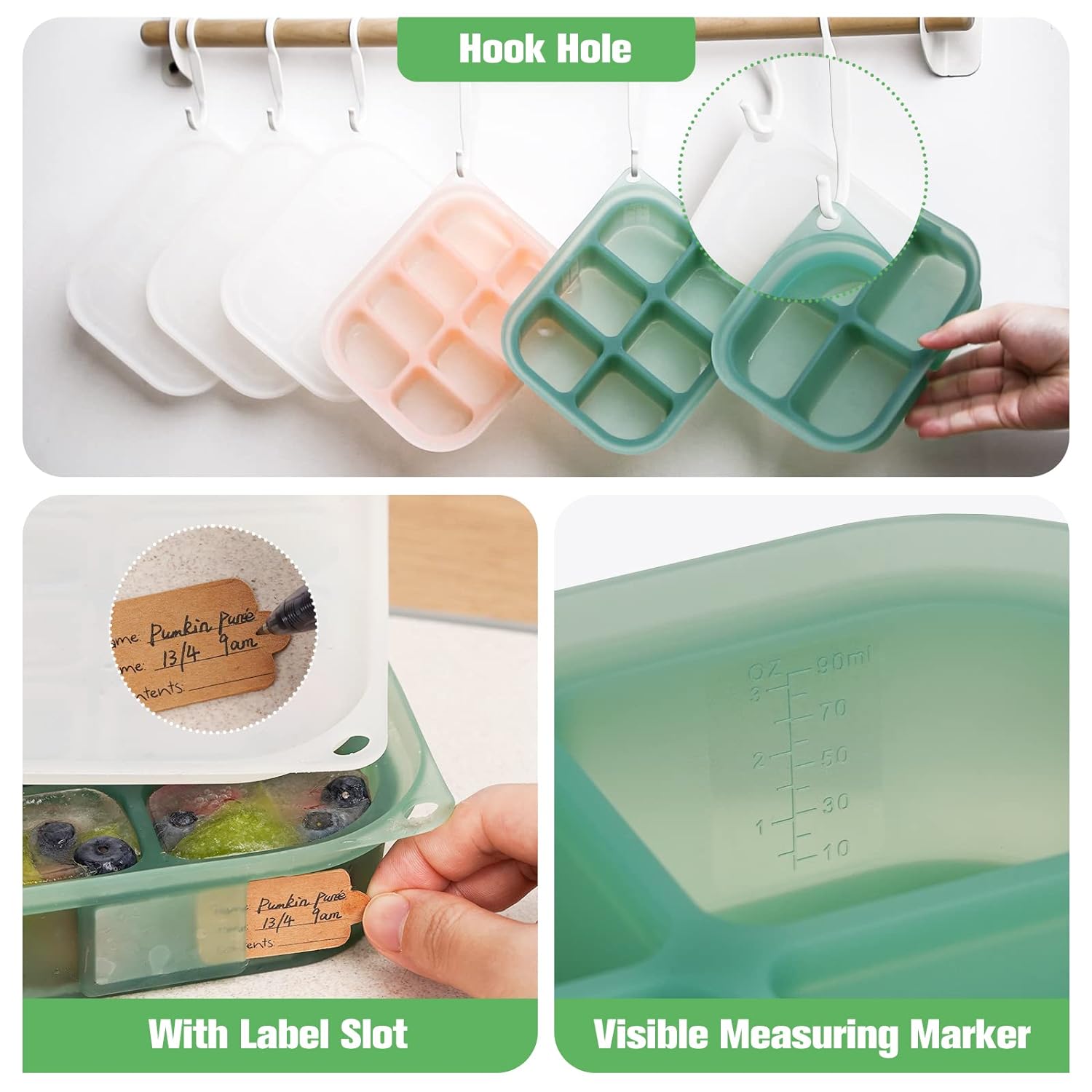 haakaa Silicone Baby Food Tray - Breastmilk Homemade Baby Food Mold - Baby Fresh Food Freezer Tray - Ice Cube Tray - 4m+ Baby Toddler Kid - Pea Green : Baby