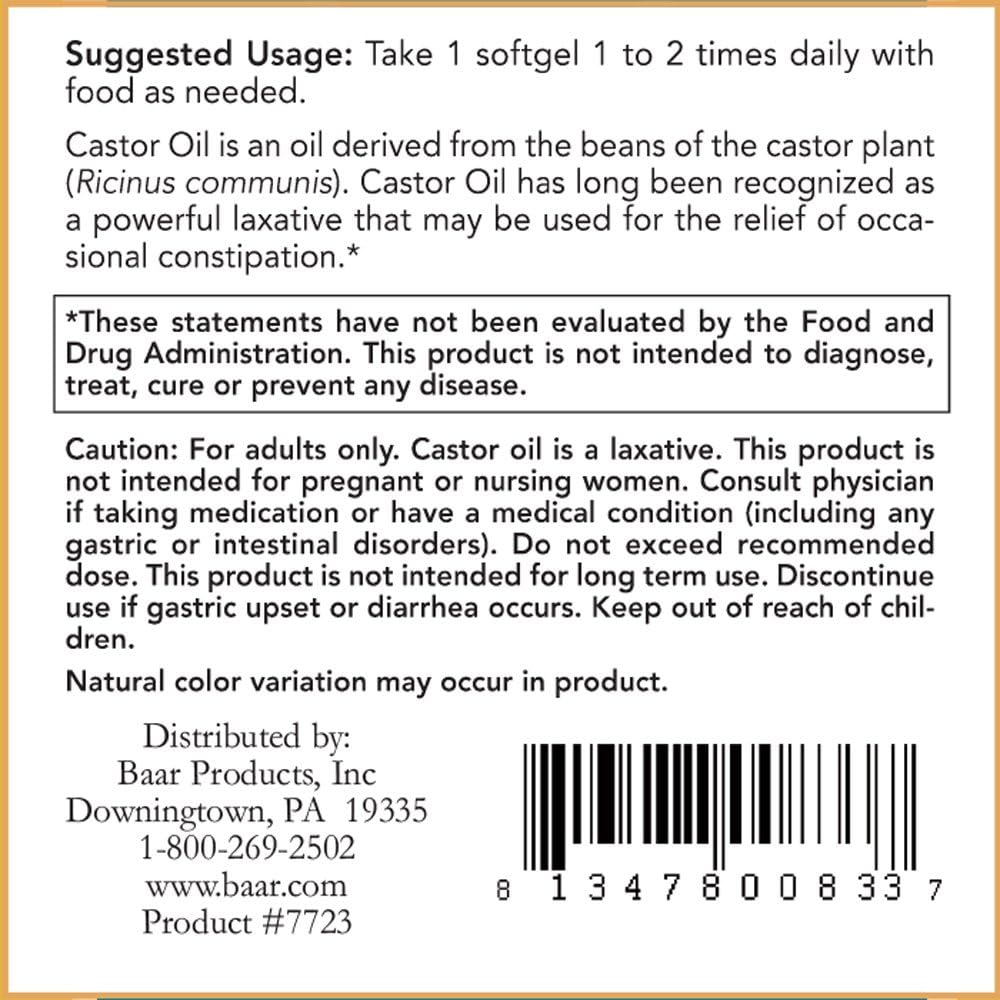 Baar Castor Oil Softgels Natural Laxative With Fennel Oil : Health & Household