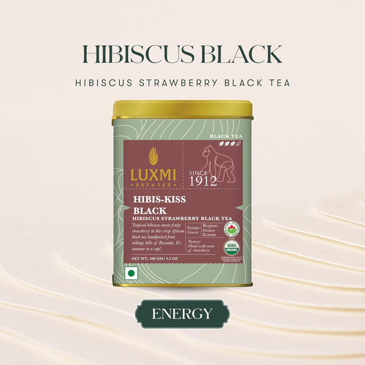 Luxmi Estates - Hibis-Kiss - Organic Hibiscus Tea - Loose Leaf - 100G (50 Cups) | With Hibiscus, Strawberry, Organic Black Tea And Other Natural Extracts | Juicy, Triopical And Fresh