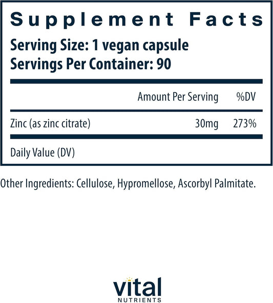 Vital Nutrients Zinc Citrate 30Mg | Easily Absorbed Immune Support Supplement* | Vegan Zinc Supplement | Gluten, Dairy, Soy Free | Non-Gmo | 30Mg