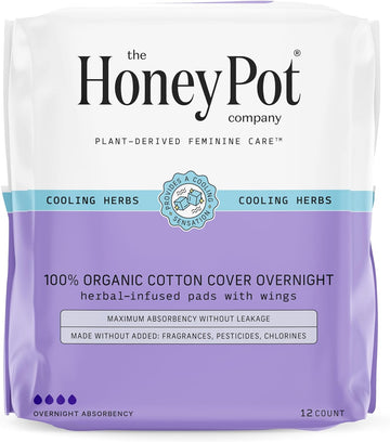 The Honey Pot Company - Herbal Pads For Women - Overnight Pads W/Wings - Infused W/Essential Oils For Cooling Effect & Organic Cotton Cover - Sanitary Pads - Feminine Care - Fsa & Hsa - 12 Ct