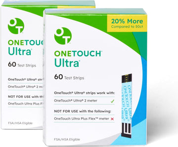 Onetouch Ultra Test Strips For Diabetes - 120 Count Diabetic Test Strips | Blood Sugar Test Strips For Blood Glucose Monitor Kit (2 Boxes, 60 Diabetes Test Strips Each)