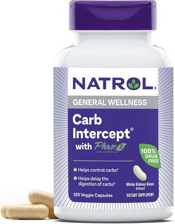 Natrol Carb Intercept With Phase 2 Carb Controller Capsules, White Kidney Bean Extract, Helps Control Carbs, Helps Metabolize Fats, Clinically Tested, Promotes Healthy Body Weight, 1,000Mg, 120 Count