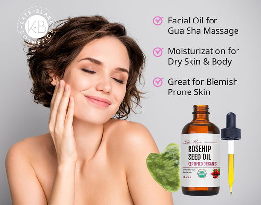 Kate Blanc Cosmetics Rosehip Oil For Face & Skin (1Oz, Organic, Pure, Cold Pressed) Rosehip Seed Face Oil For Facial & Gua Sha Massage