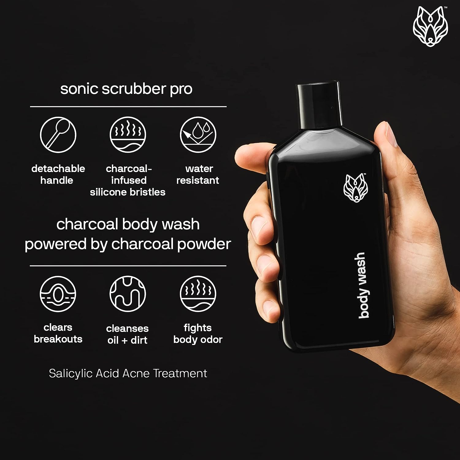 Black Wolf Body Wash & Sonic Scrubber Pro Kit for Men - Vibrating Face & Body Brush with Charcoal Powder Shower Gel, Water Resistant Massage Brush & Salicylic Acid Body Wash, Rich Lather & Deep Clean : Beauty & Personal Care