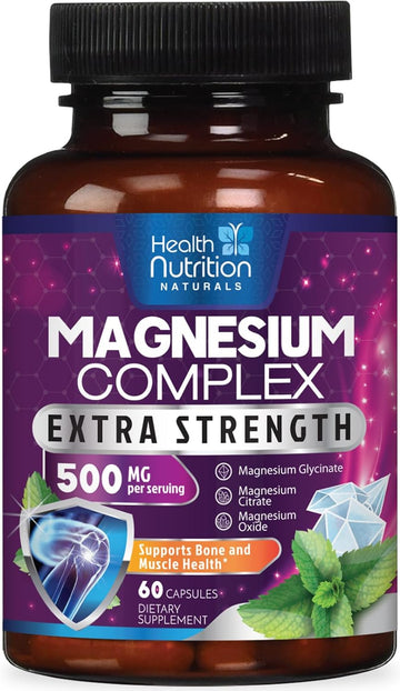 Magnesium Complex Supplement 500mg with Glycinate, Oxide, Malate, Citrate - High Absorption Chelated Magnesium Capsules for Muscle, Heart, Bone, Nerve Support, for Women and Men - 60 Capsules