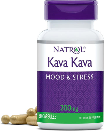 Natrol Kava Kava Capsules, Mood & Stress Relief, Promotes Relaxation & Tension Relief, Dietary Supplement, Drug Free, 200mg, 30 Capsules