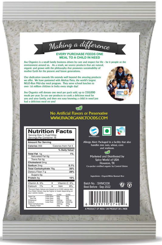 Organic Basmati Rice 10 Lb Bag - Pure, Long, Premium Quality From India - By Jiva Organics