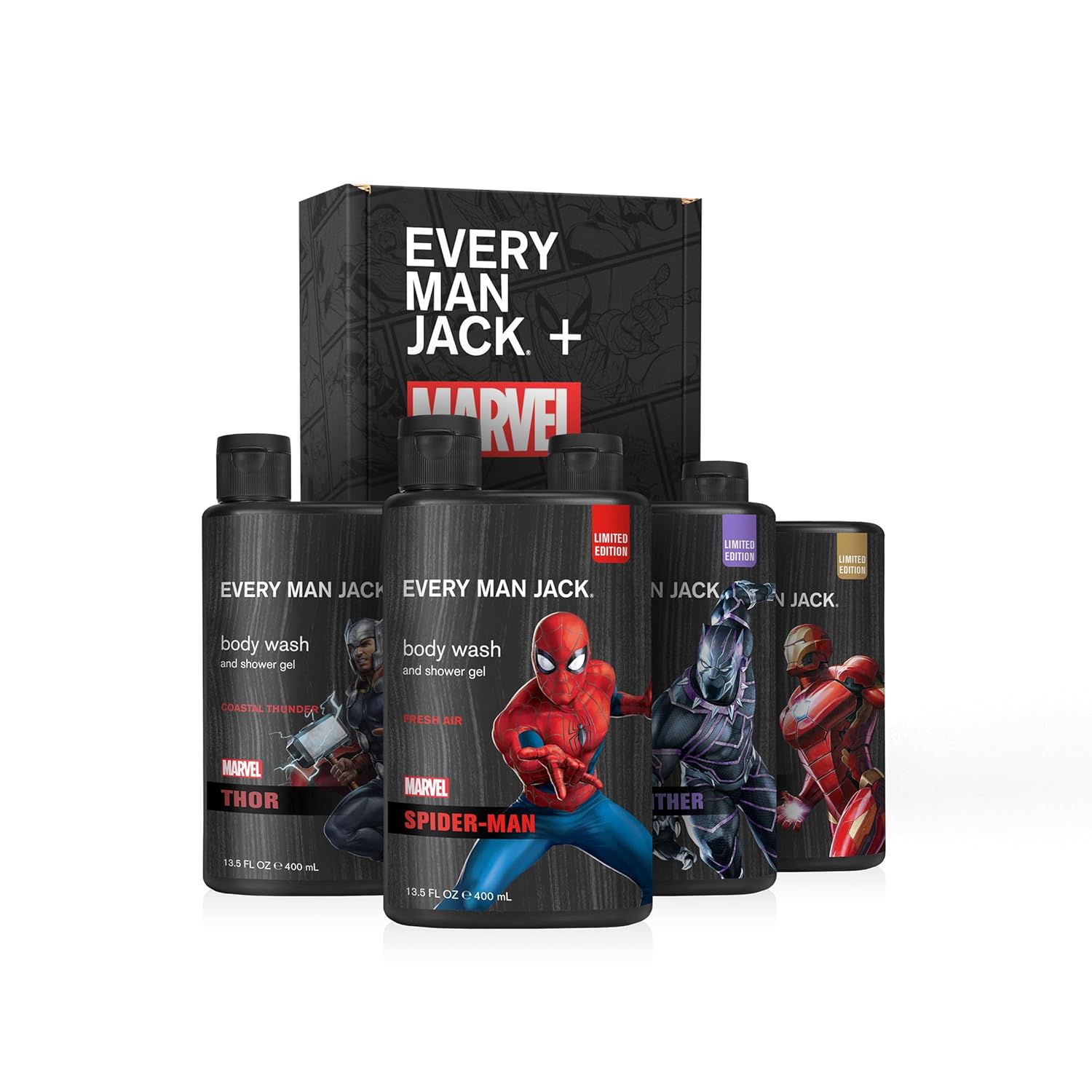 Every Man Jack Marvel Collectors Box Body Wash Gift Set - Includes Four Body Washes With Clean Ingredients - Marvel-Inspired Fresh Air, Coastal Thunder, Crimson Oak, And Wakanda Herbs Fragrances