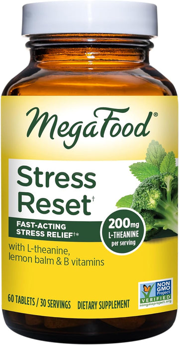 MegaFood Stress Reset - Fast Acting Stress Relief Supplement with L Theanine 200mg, Plus Lemon Balm, Vitamin B6 & Vitamin B12, Vegan, Gluten Free, Non-GMO - 60 Tablets (30 Servings)