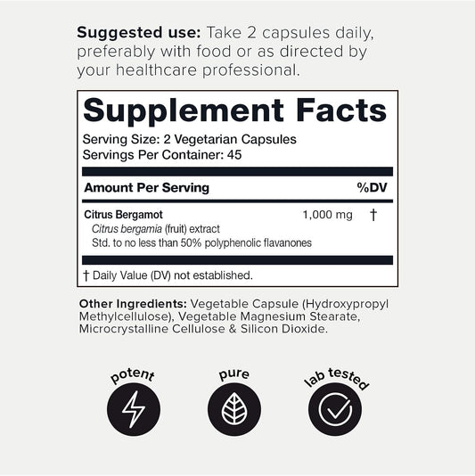 Toniiq 50% Polyphenolic Flavanones Citrus Bergamot Capsules From Calabria - 1000Mg Concentrated Formula With 500Mg Of Polyphenols - Highly Purified And Bioavailable - 90 Vegetarian Capsules