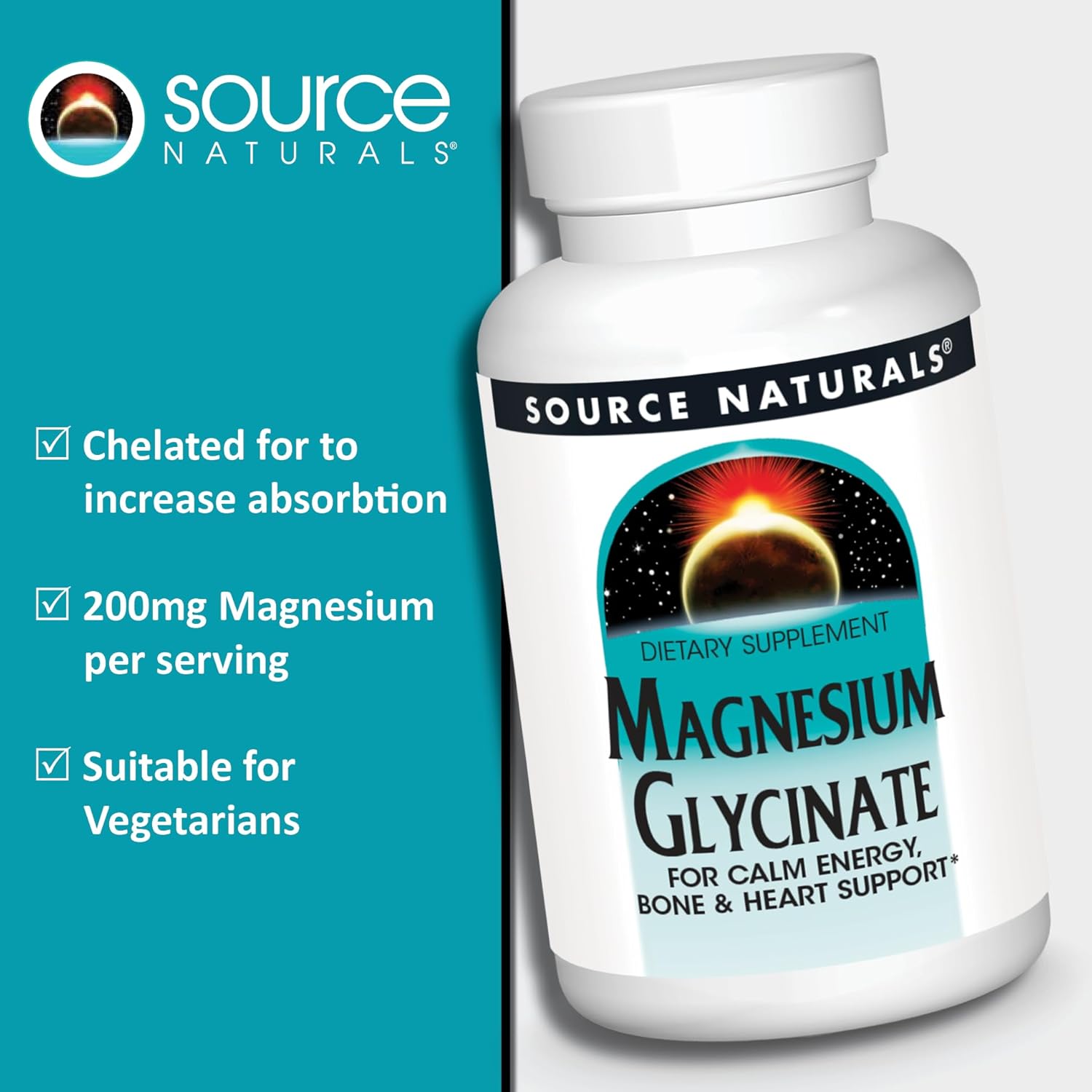 Source Naturals Magnesium Glycinate, for Calm Energy, Bone & Heart Support*, 200 mg per Serving - 180 Tablets : Health & Household