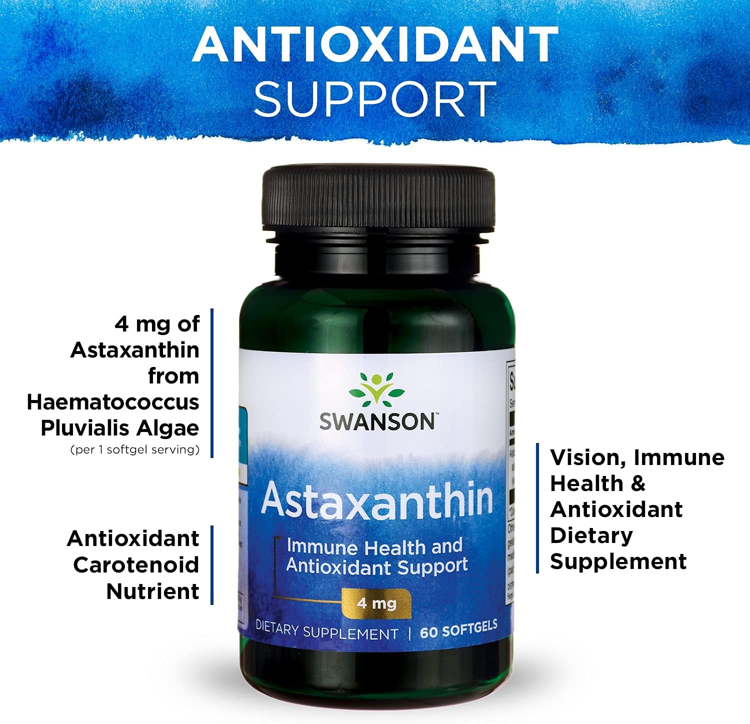 Swanson Astaxanthin Eye Vision Brain Skin Health Antioxidant Support Supplement (Astaxanthin 4 mg) 60 Softgels Sgels : Health & Household