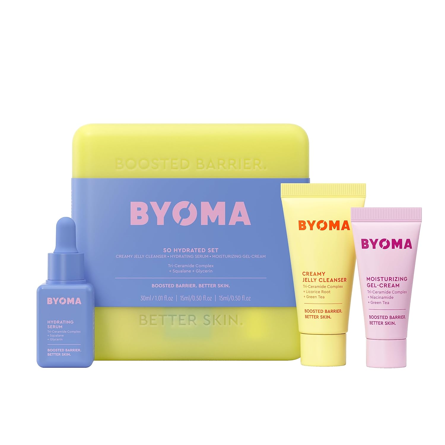 Byoma So Hydrating Set - Barrier Repair Skincare Set - Creamy Jelly Cleanser, Hydrating Face Serum & Ceramide Face Moisturizer For Dry Skin - Anti Wrinkle, Alcohol Free Skin Care - 30Ml, 15Ml, 15Ml