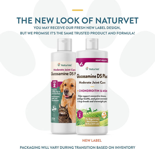 NaturVet Glucosamine DS Plus Hip & Joint Support Liquid Pet Supplement – Level 2 Moderate Care for Dogs & Cats – Includes Glucosamine, MSM, Chondroitin – 16 Oz