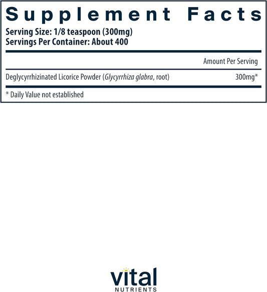 Vital Nutrients DGL Powder | Vegan Supplement | DGL Licorice Root Extract to Support Healthy Stomach Lining and Digestive Tract* | Gluten, Dairy and Soy Free | Non-GMO | 120 Grams