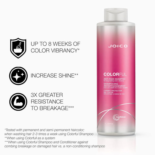 Joico Colorful Anti-Fade Shampoo | For Color-Treated Hair | Preserve Hair Color & Vibrancy Long-Term | Boost Shine & Reduce Breakage | Sulfate Free | With Camellia Oil & Pomegranate Extract