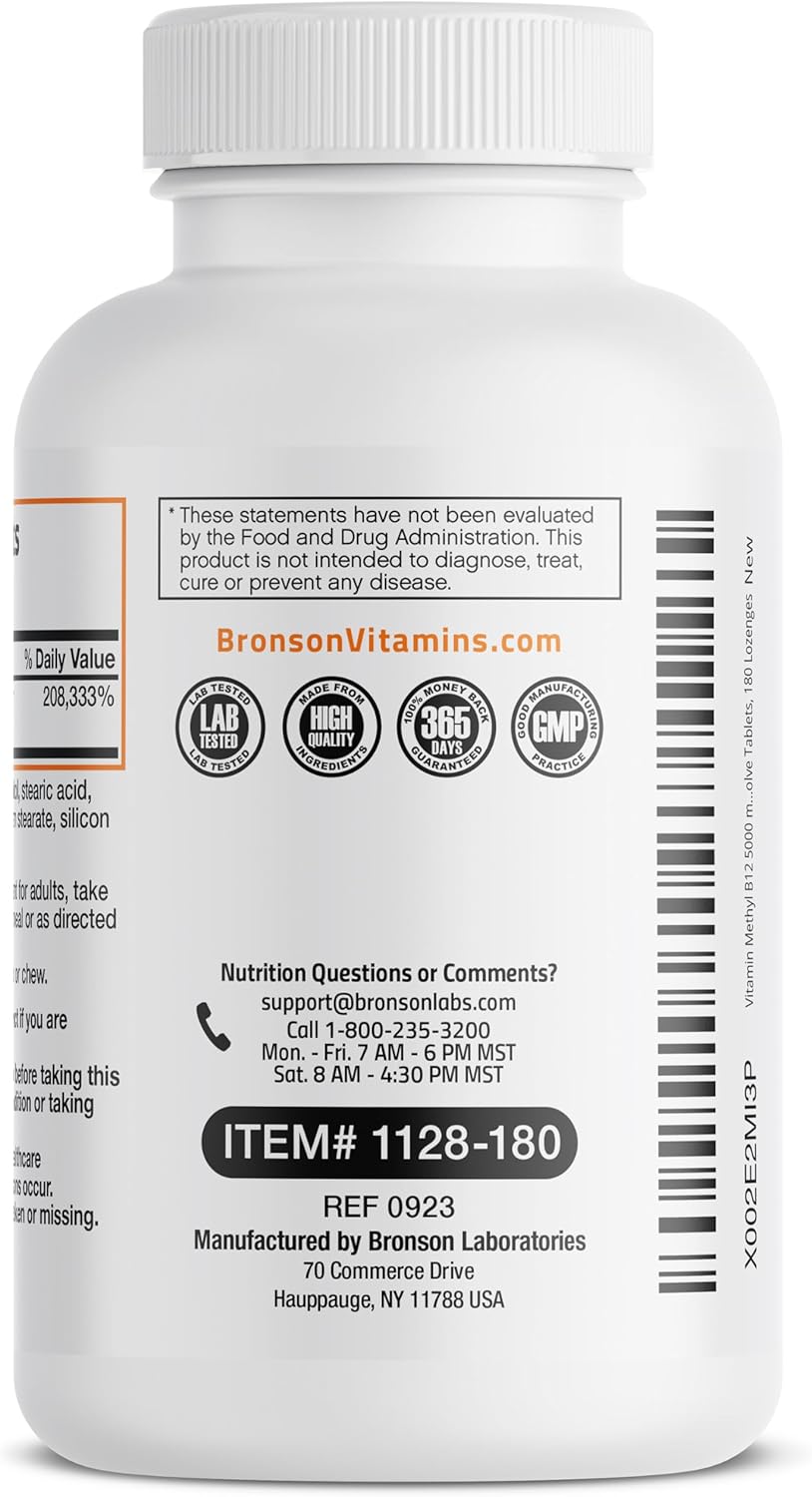 Bronson Methyl B12 5000 mcg Vitamin B12 Methylcobalamin Energy & Brain Support, 180 Lozenges : Health & Household