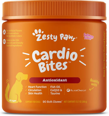 Zesty Paws Cardiovascular Support For Dogs - Taurine For Dogs, Coq10 For Dogs, L Carnitine & Sea Buckthorn For Senior Dog Heart Health - Alaskomega Fish Oil Omega 3 - Salmon - 90 Count