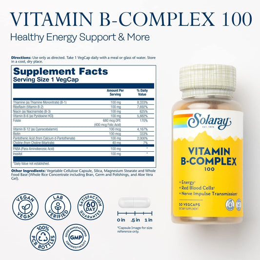 Solaray Vitamin B Complex 100 Mg, Healthy Energy Supplement, Red Blood Cell Formation, Nerve & Immune Support, Super B Complex Vitamins With Folic Acid, Vitamin B6, B12, Biotin & More, Vegan, 50Ct