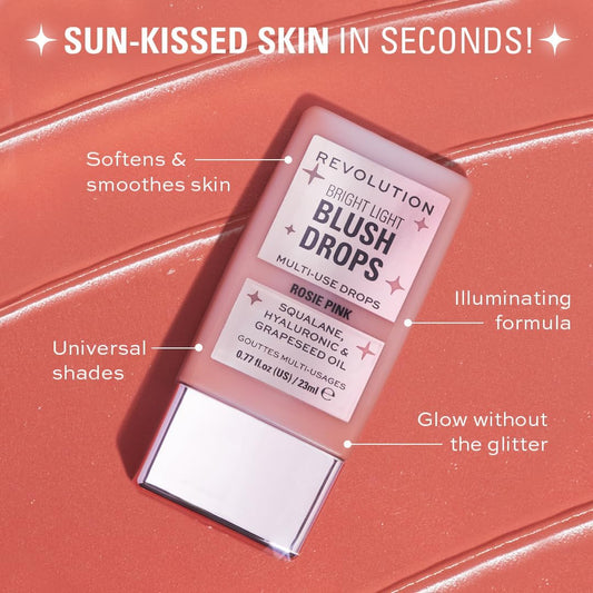 Makeup Revolution, Bright Light Blush Drops With Hyaluronic Acid, Radiant Finish, Pink Rosie, 23Ml