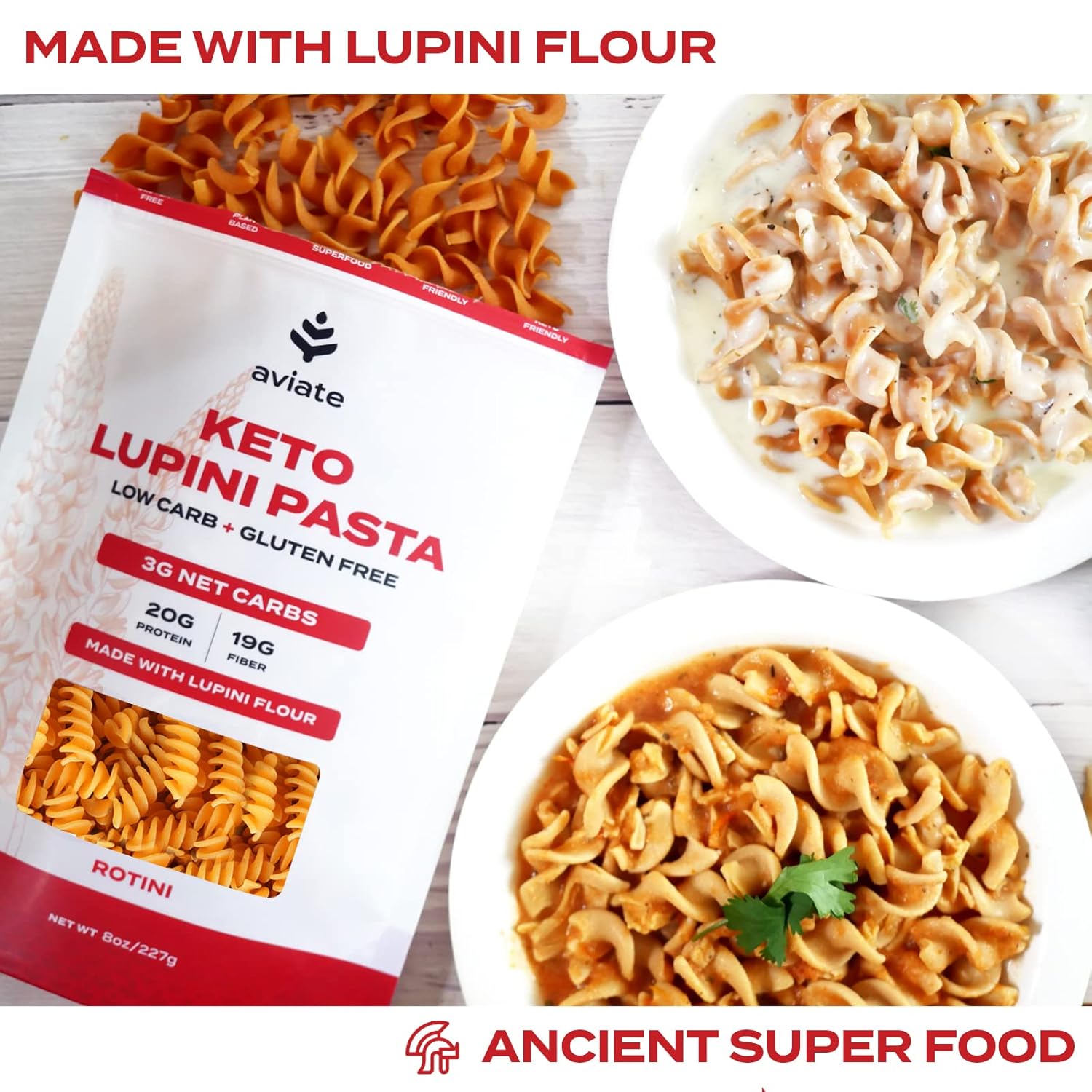 Aviate Keto Pasta Rotini - Low Carb (3G Net) Lupini Noodles, High Protein (20G), Gluten-Free, Made With Lupin Flour, Plant Based Vegan, Keto-Friendly, Low Carb - Rotini (8Oz) (Pack Of 3)