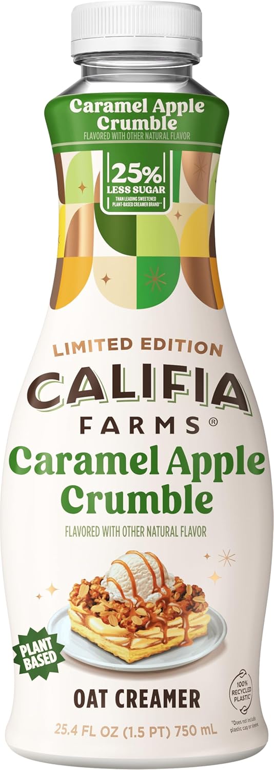 Califia Farms - Caramel Apple Crumble Oat Milk Coffee Creamer, 25.4 Oz, Dairy Free, Plant-Based, Vegan, Gluten Free, Non Gmo, Oat Creamer