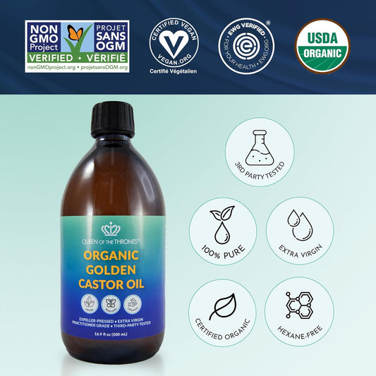Queen Of The Thrones Organic Golden Castor Oil - 500Ml (16.9Oz) | 100% Pure & Expeller-Pressed For Hair, Skin & Nails | Hexane Free | Usda Certified