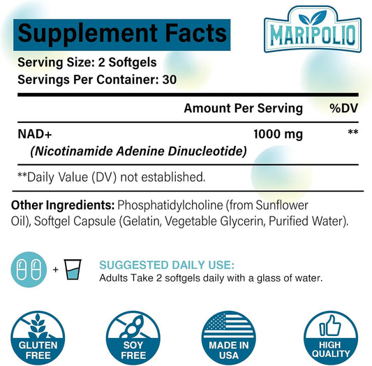 Liposomal Nad+ Supplement 1000 Mg | Highest Nad Pontecy | Max Absorption | Pure Nad Supplement | Energy And Dna Repair, Aging Defense, Brain Function | 60 Softgels