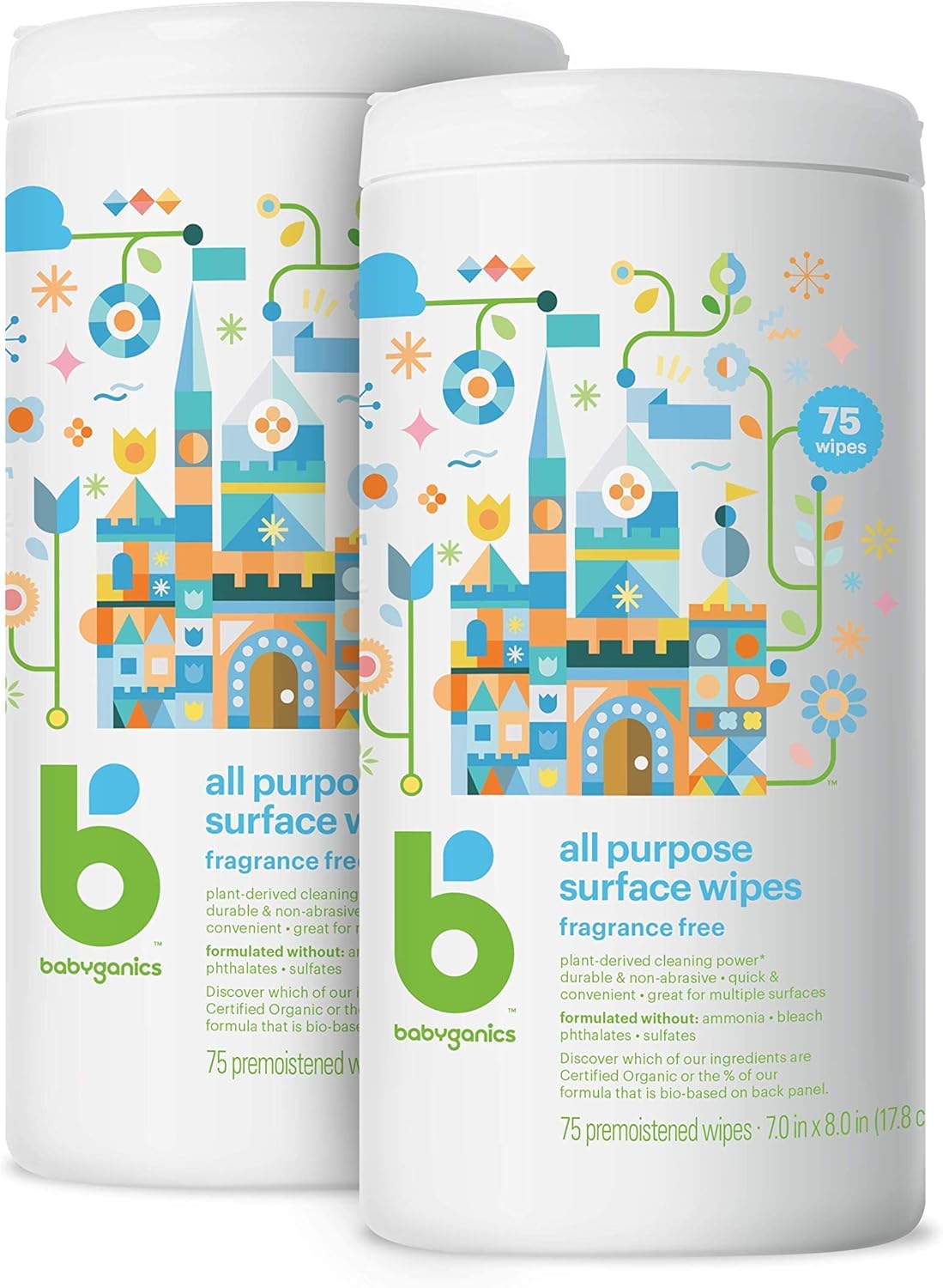 Babyganics All Purpose Surface Wipes, Fragrance Free, 75 Count (Pack Of 2), Plant Based And Non-Abrasive, No Ammonia, No Bleach