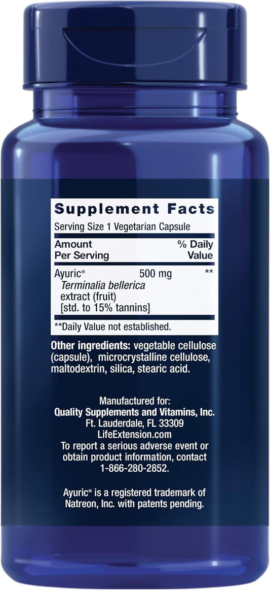 Life Extension Uric Acid Control - Ayuric Terminalia Bellerica Fruit Extract Supplement - Support Healthy Uric Acid Level - Non-Gmo, Gluten Free - 60 Vegetarian Capsules