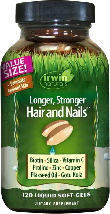 Irwin Naturals Longer, Stronger Hair And Nails - 120 Liquid Softgels - Promotes Vibrant Shine Texture & Strength - 60 Total Servings