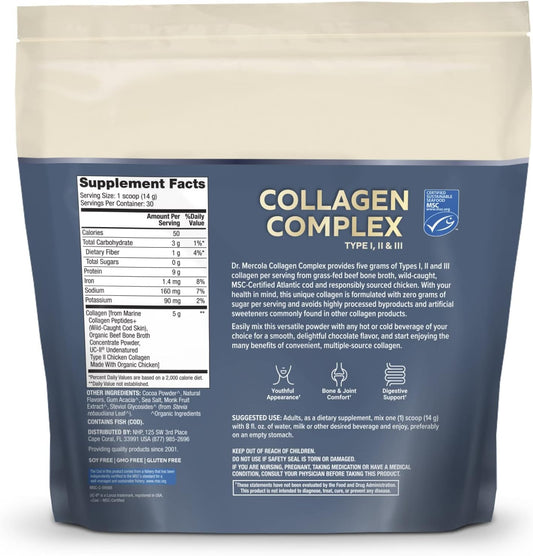 Dr. Mercola Collagen Complex Powder, Chocolate Flavor, 30 Servings, Powdered Dietary Supplement, Supports Youthful-Looking Skin, Non-GMO, MSC Certified