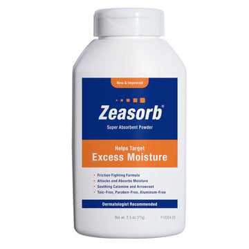 Zeasorb Excess Moisture Control Super Absorbent Foot & Body Powder, Dermatologist Recommended, Friction-Fighting Formula With Patented Odor Control Technology, 2.5 Oz Bottle