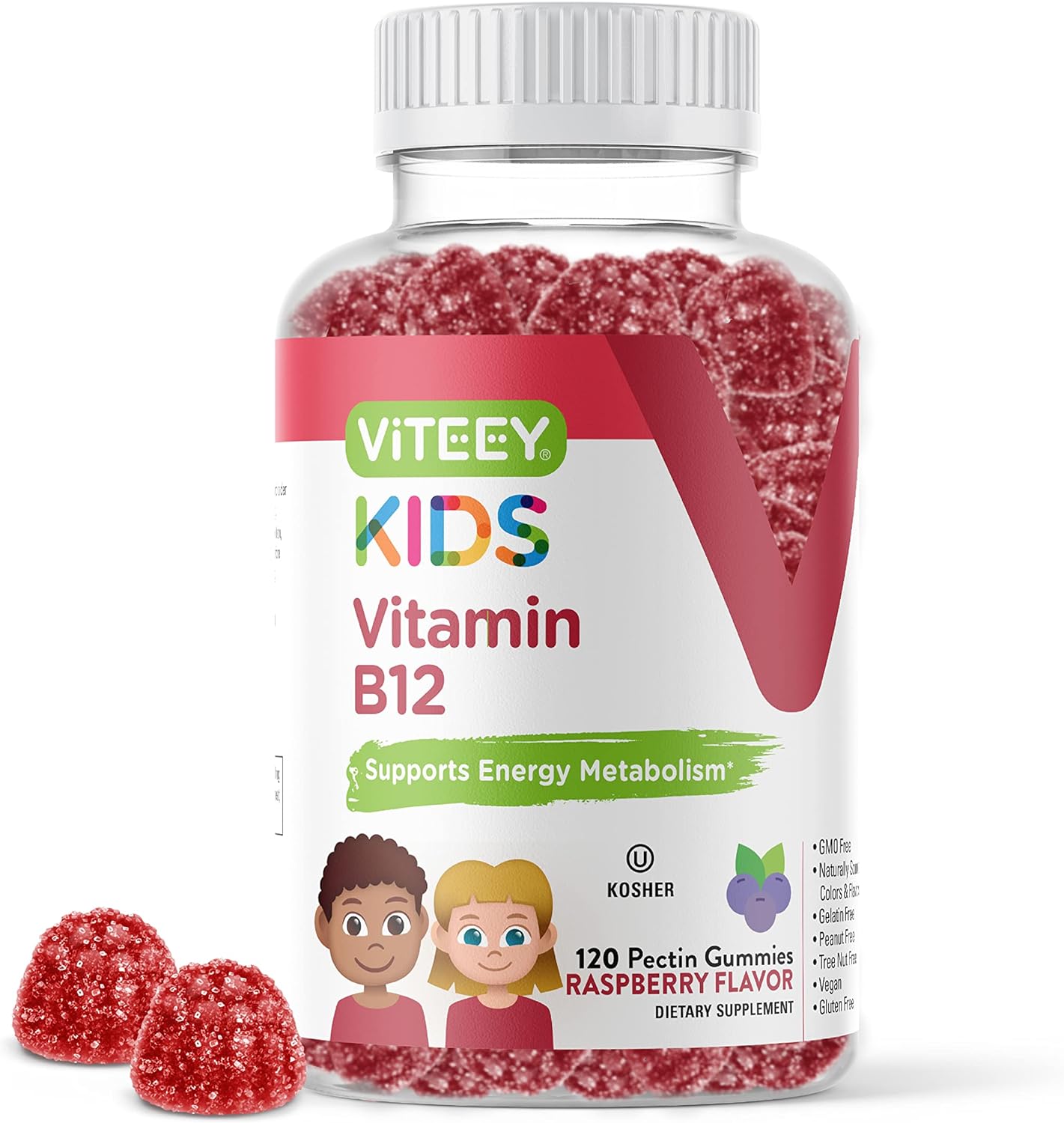 Vitamin B12 for Kids Gummies, 1000mcg - Metabolism, Natural Energy Support - Vegan, Gelatin Free, Gluten Free, GMO Free - Tasty Chewable B12 Raspberry Flavored Gummy