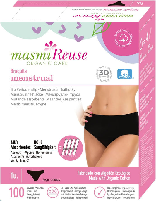 Organic Period Briefs, Washable And Reusable, Made Of Organic Cotton, Black, Masmi Reuse (S = 86-94 Cm Hip Circumference)