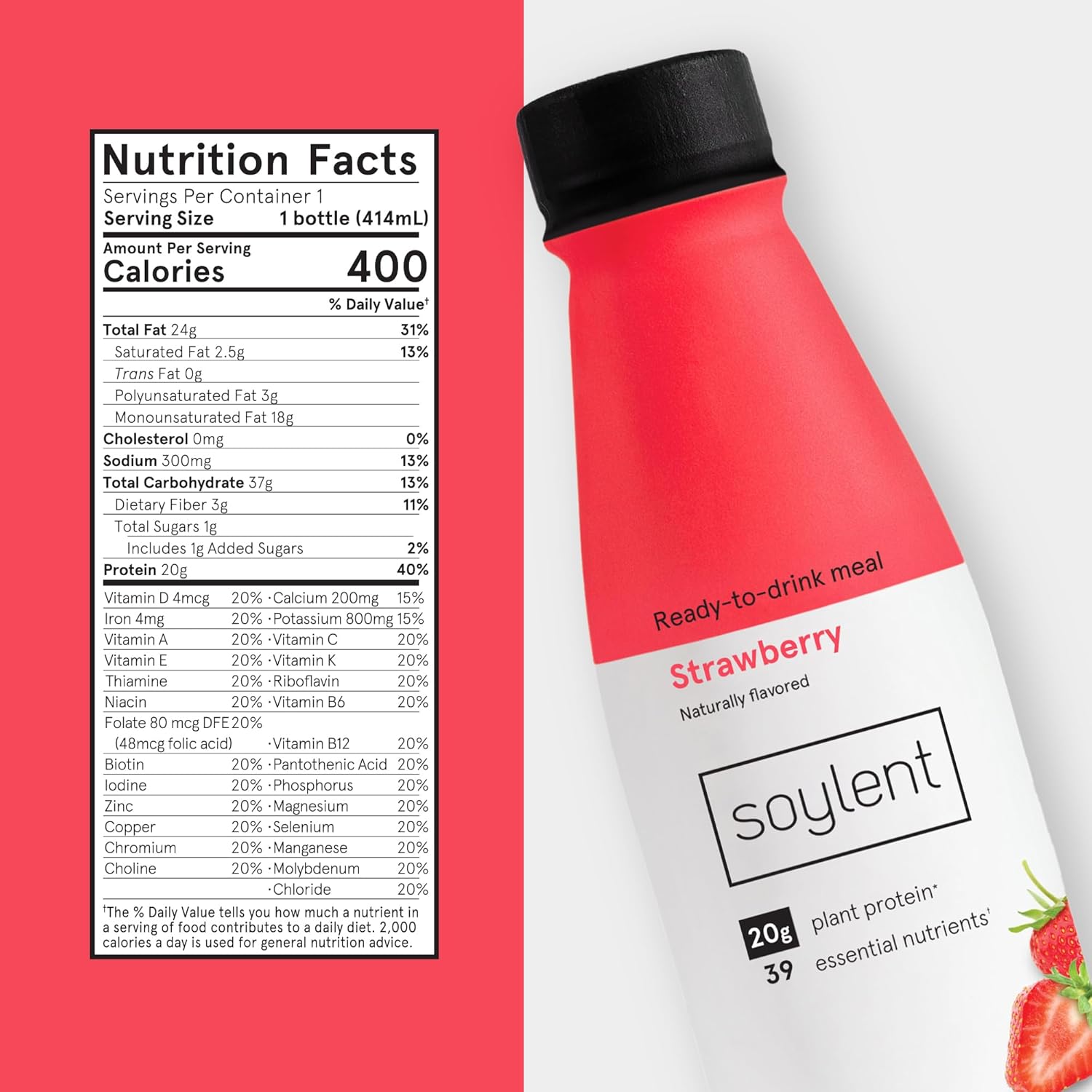 Soylent Complete Meal Replacement Shake, Strawberry, 20g complete protein, 28 vitamins & minerals, low sugar, 14oz (Single Bottle) : Grocery & Gourmet Food