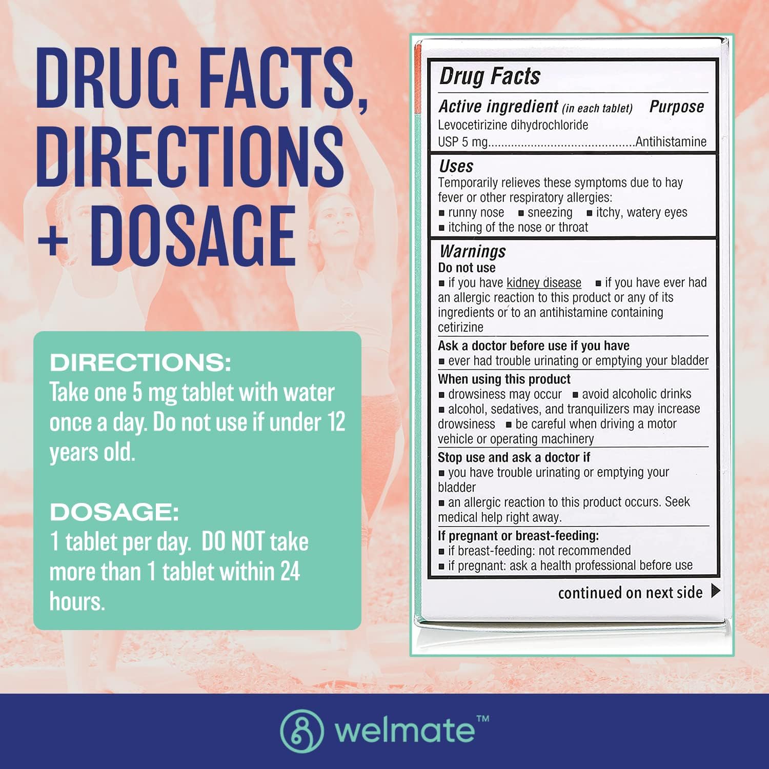 WELMATE | Allergy | Generic Xyzal Levocetirizine Dihydrochloride 5mg | Non Drowsy | Fast Acting | 24hr Support | Runny Nose, Watery Eyes, Sneezing | Antihistamine | Allergy Medication | 180 ct : Health & Household