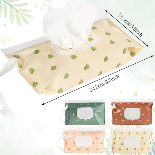 Febsnow 4 Pack Baby Wipes Dispenser, Portable Refillable Wipe Holder Baby Wipes Container Travel Wipes Case Reusable Boho Wet Wipes Pouch