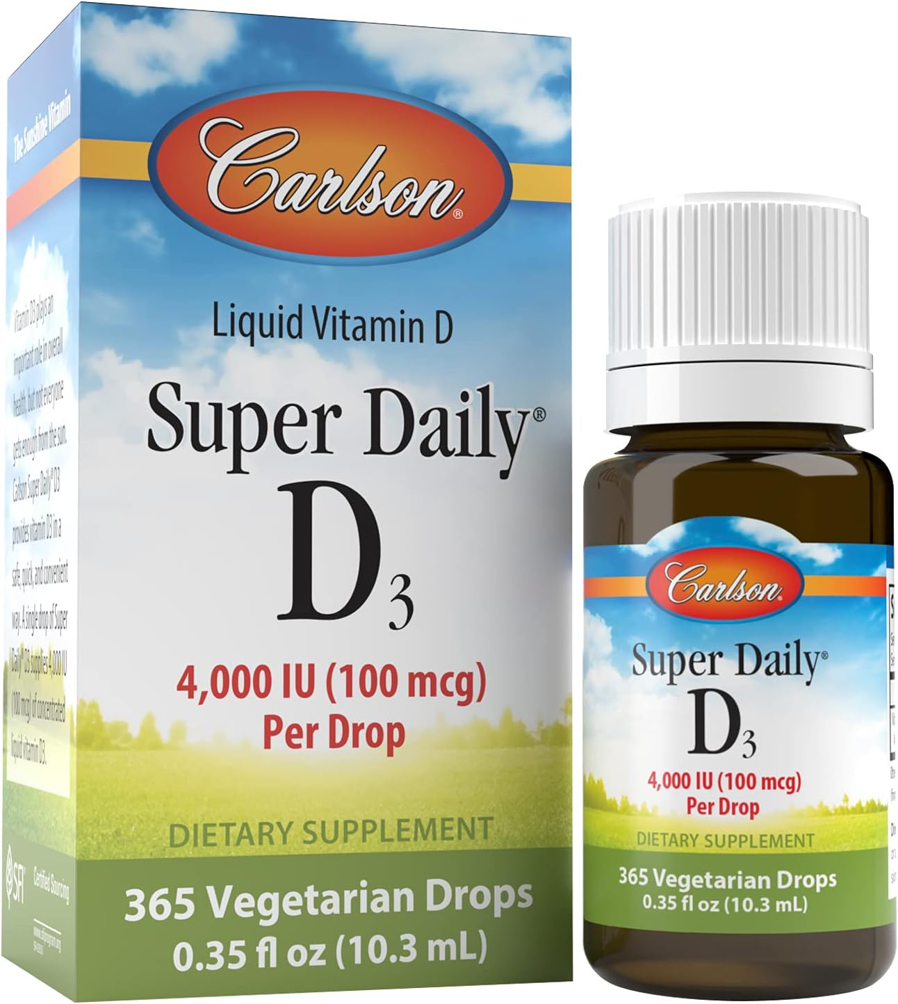 Carlson - Super Daily D3 4,000 IU (100 mcg) per Drop, Vitamin D Drop, Liquid Vitamin D3, 1-Year Supply, Unflavored, 365 Drops (10.3 mL)