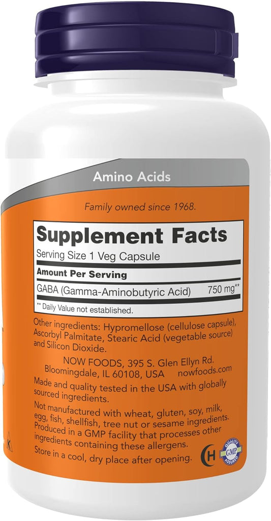 NOW Supplements, GABA (Gamma-Aminobutyric Acid) 750mg, Neurotransmitter Support*, 100 Veg Capsules